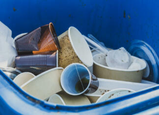 Je svet storil veliko napako? Papirnati kozarci bolj škodljivi, kot smo mislili Garbage Bin Full of Single Use Plastic Trash, Plastic Cups, Trays, Plates and Food Packages with Leftovers. Say No to Single Use Plastic Concept.