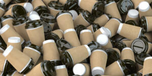 Heap of many empty paper coffee cups. Recycling of plastic waste concept. 3d illustration