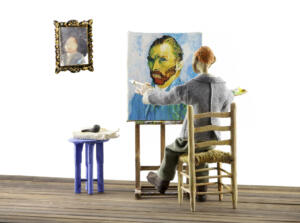 miniature of Van Gogh drawing self-portreit on white background