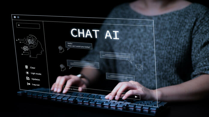 Woman using a computer chatting with an intelligent artificial intelligence asks for the answers he wants. A.I. Chat with AI or Artificial Intelligence technology. Smart assistant, AI to help work,