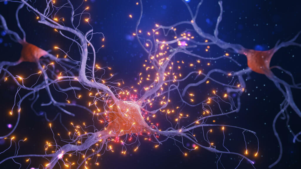 3d illustration of neuron cells with light pulses on a dark background.