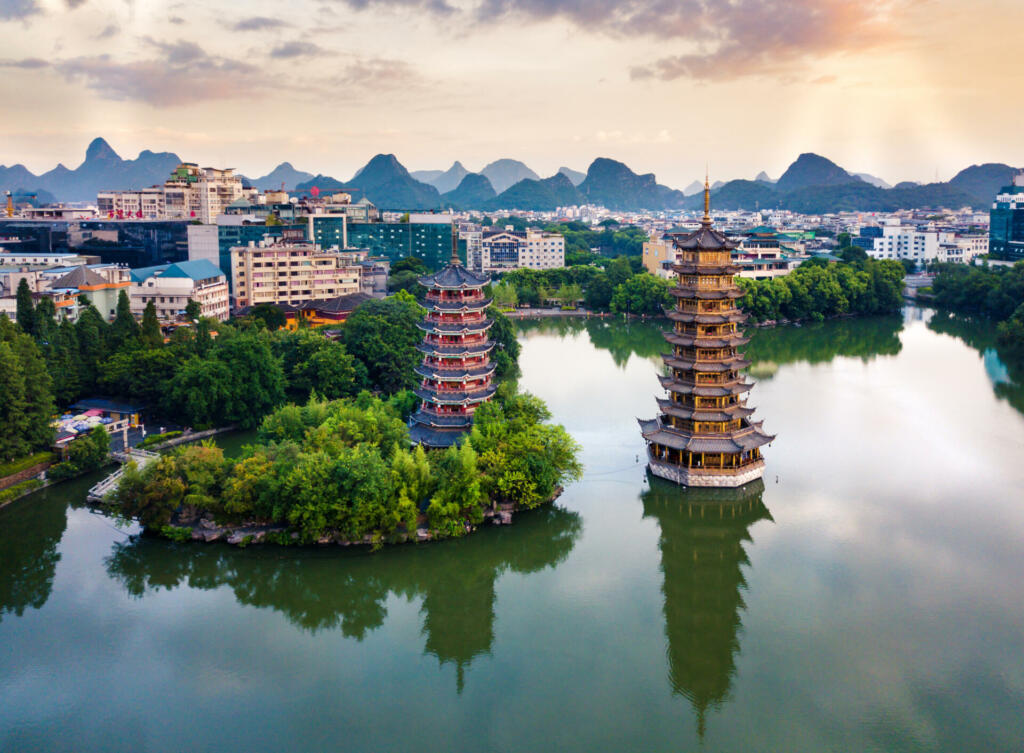 Aerial view of Guilin park with twin pagodas in Guangxi, China