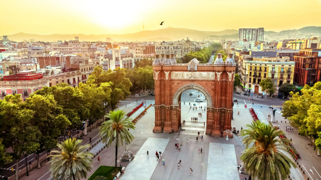 Aerial view of the Arc of the Triumph, a triumphal arch in the city of Barcelona, in Catalonia, Spain