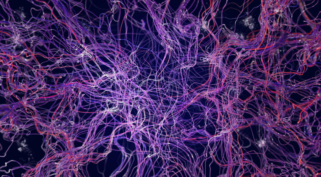 Brain connections, synapse, medical illustration under a microscope. Neurons and veins, 3d rendering. Neural connections, brain diseases