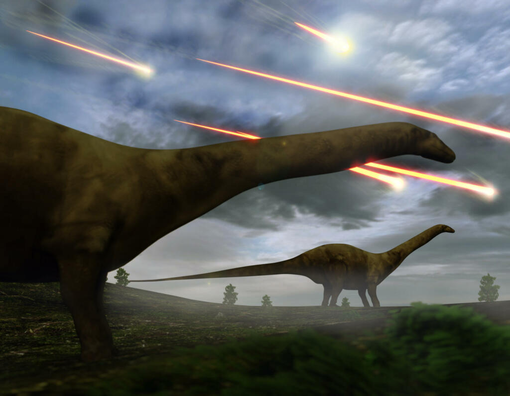 Brontosaurs look upon the meteors raining down that preceded the larger asteroid strike that would lead to the extinction of the dinosaurs 65 million years ago.