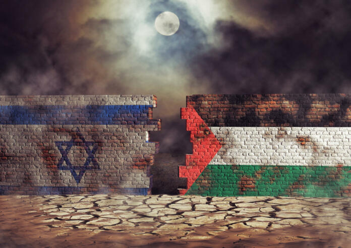 Flags of Palestine and Israel painted on cracked wall. Palestinian conflict concept. 3D illustration