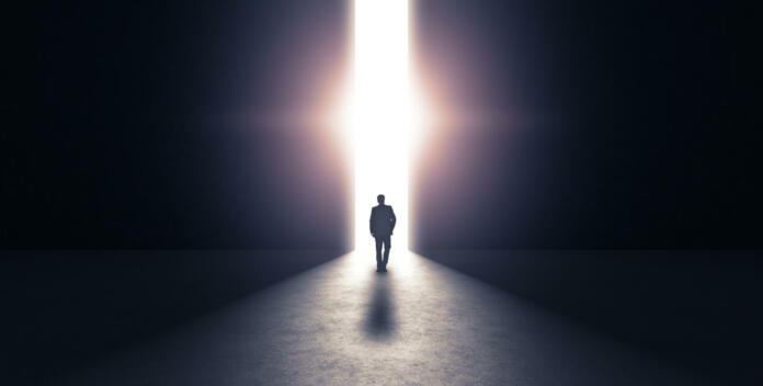 Man walking towards light concept. 3d rendering