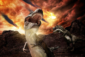tyrannosaurus rex during meteors rain on jurassic era