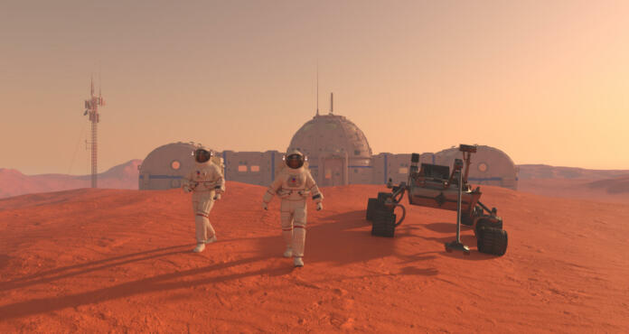 3D Illustration. Mars colony. Expedition on alien planet. Life on Mars.