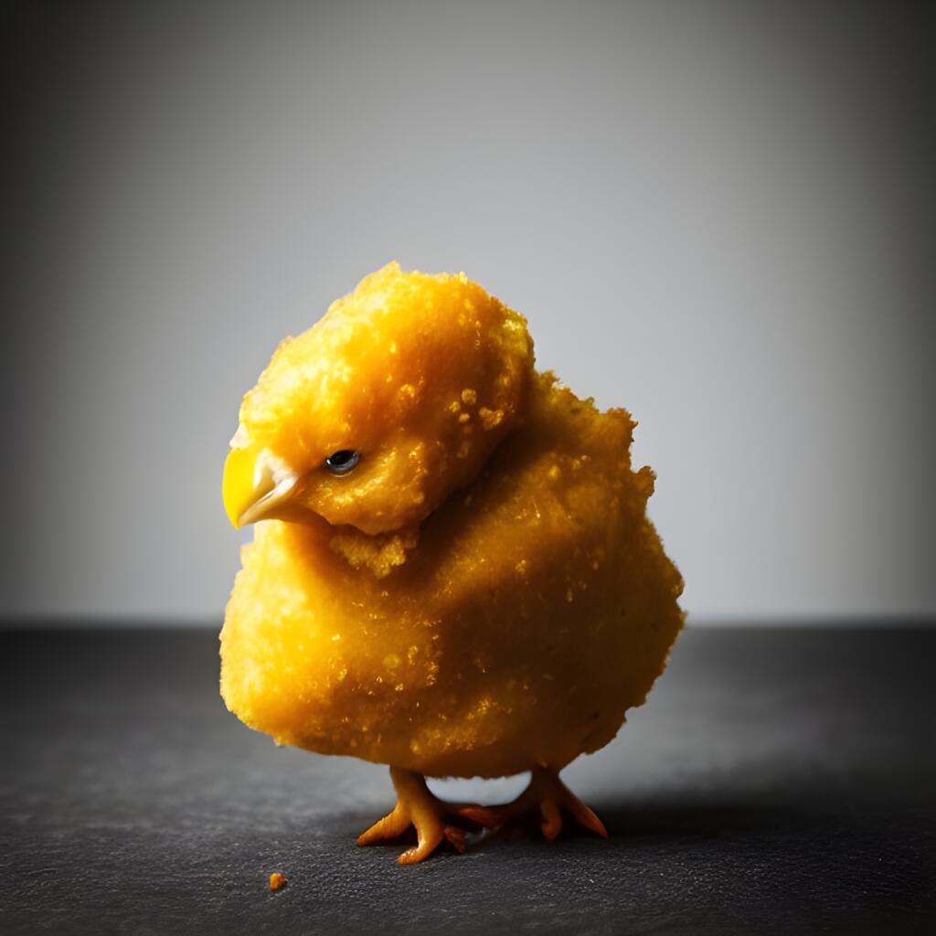 A computer render of a deep fried baby chick, designed to be a thought provoking image to make viewers question the meat industry.