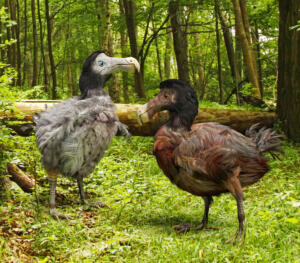 An illustration of a male and female Dodo Birds in a forest. The dodo (Raphus cucullatus) is an extinct flightless bird that was endemic to the island of Mauritius, east of Madagascar in the Indian Ocean.