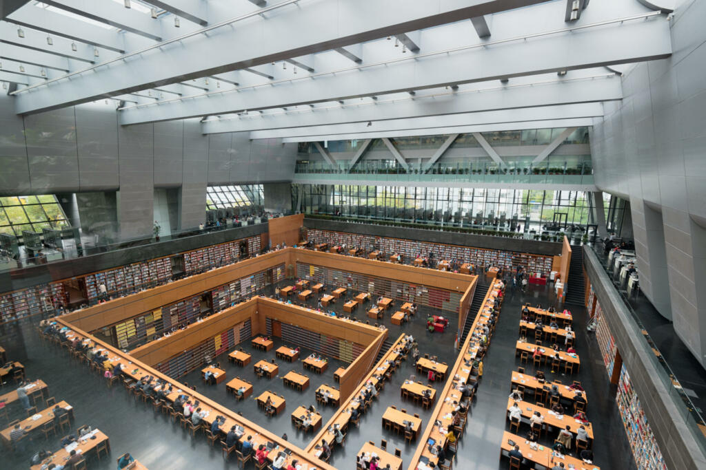 Beijing, China - October 25, 2015: Wide angle view of the main reading room of The National Library of China.
