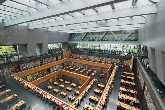 Beijing, China - October 25, 2015:  Wide angle view of the main reading room of The National Library of China.