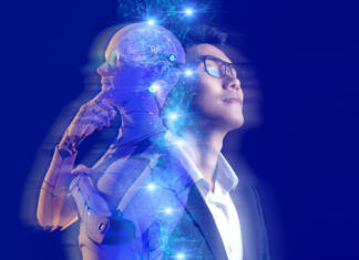 4 nasveti za uporabo umetne inteligence v podjetjih Business investment and AI artificial intelligence data analysis technology. Businessman and robot future investor, stock market, forex, and crypto currency finance investment.