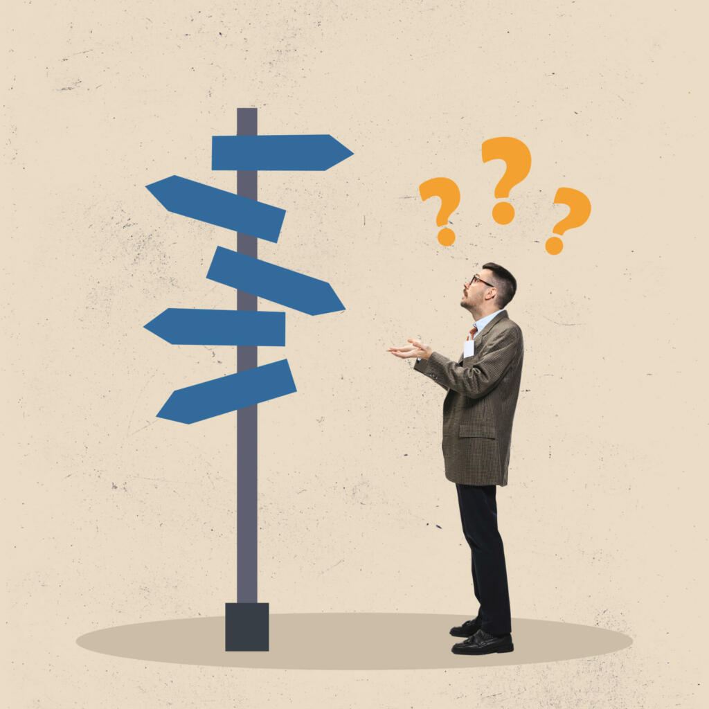 Difficult choice. Creative art collage or design. Office worker standing near road sign and has question mark at his mind, head. Choosing strategy for achieving goal. Concept of business, career