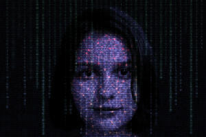 Female face with matrix digital numbers artifical intelligence AI theme with human face. The concept of artificial intelligence. dark background with computer binary code and hidden face watching