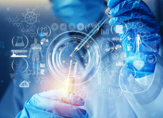 Koliko kemičnih spojin je odkrilo človeštvo ? Odstotek preseneča Genetic research and Biotech science Concept. Human Biology and pharmaceutical technology on laboratory background.