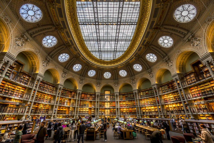 Paris, France - September 17, 2022: Architectural details of the Richelieu public National library in Paris, France