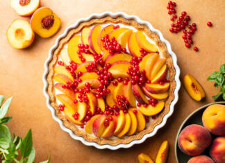 Kako okrasiti pito? Kako pravilno postreči pito? Peach and red currant tart with ricotta cheese, overhead view of homemade freshly baked pastry ready to eat