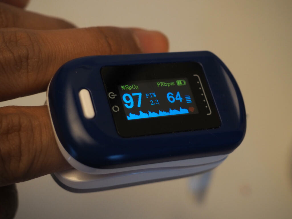 Picture of fingertip pulse oximeter that use for measuring oxygen saturation level on blood and also heart rate