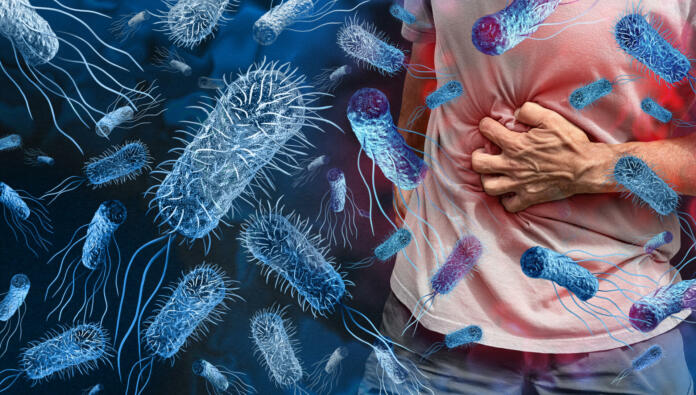 Salmonella poisoning Bacteria outbreak concept and bacterial infection as a microscopic background with dangerous foodborne disease as a person suffering with stomach pain with 3D render elements.
