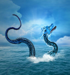 Sea dragon arising from the blue ocean – 3D illustration