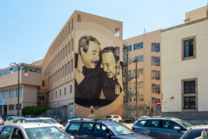 The mural on Falcone and Borsellino in Palermo. Famous murals on the magistrates Giovanni Falcone and Paolo Borsellino in Cala district. Sicily, Italy