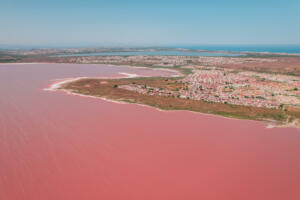 Beautiful aerial wide vibrant summer view of Las Salinas de Torrevieja, The Pink Lake Of Torrevieja, Costa Blanca, province of Alicante, Spain