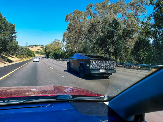 California, San Jose, USA - 08.23.2023: Tesla Cybertruck on the road between San Jose and San Francisco.