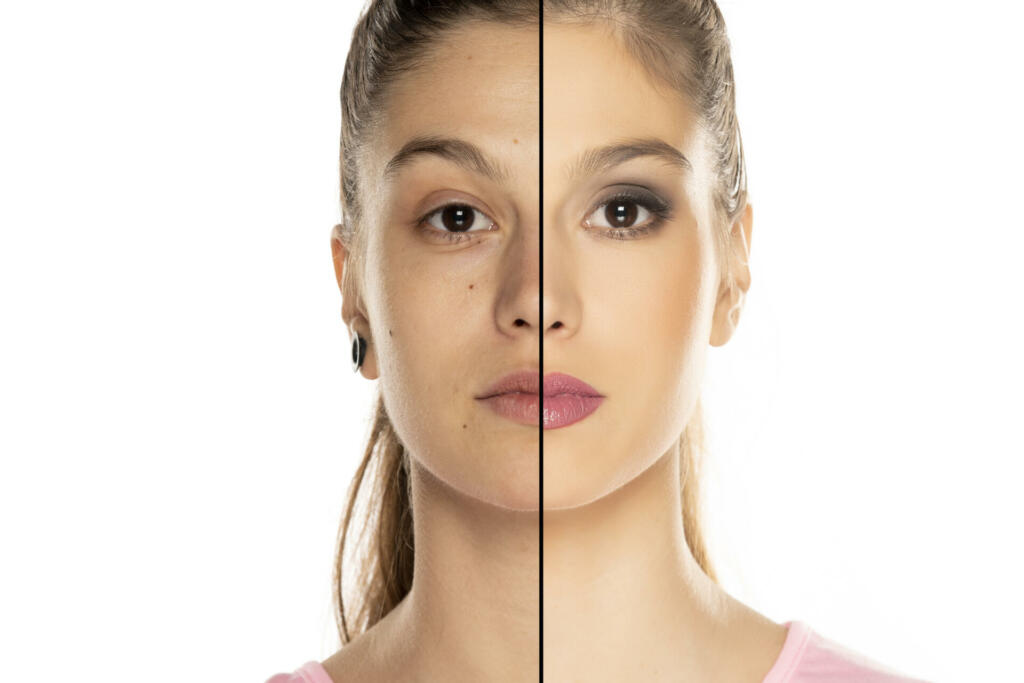 Comparison portrait of same woman before and after makeover on white background