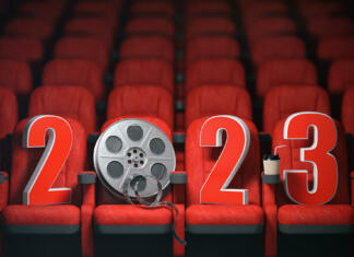 10 najpopularnejših filmov leta 2023 Happy new 2023 year in cinema red seats. 2023 cinema and movie season concept. 3d illustration