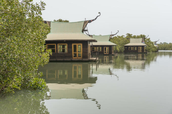 Houses built on the banks of the river in The Gambia