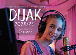 Dijak december 2023 Naslovnica revije Dijak z mlado punco, ki sedi za računalnikom, na glavi ima slušalke, pred sabo pa mikrofon