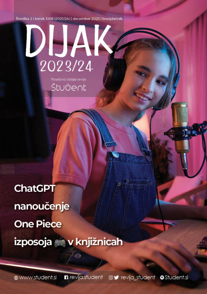 Naslovnica revije Dijak z mlado punco, ki sedi za računalnikom, na glavi ima slušalke, pred sabo pa mikrofon