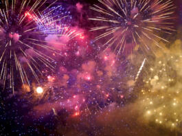 Purple Firework celebrate anniversary happy new year 2023, 4th of july holiday festival. Purple firework in night time celebrate national holiday. Violet firework Countdown to new year 2023 festival