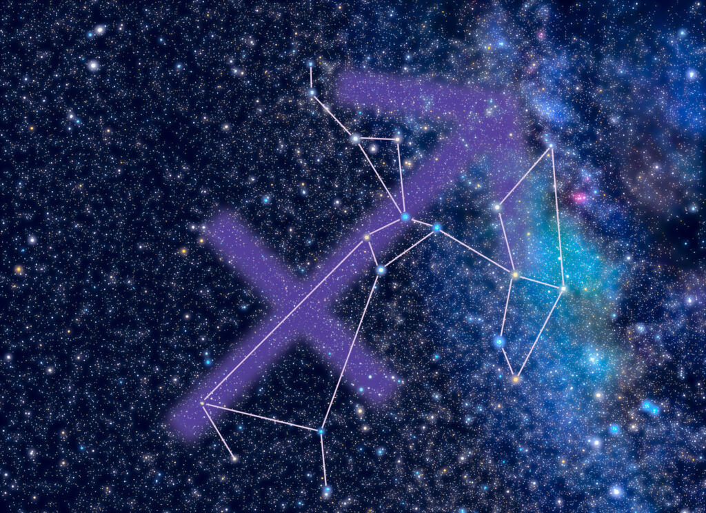 Saggitarius (Centaur The Archer) Zodiac constellation. Saggitarius sign corresponds to period from 22 November to 22 December. Picture of star sky area looks as at the real night sky with stars whose brightness, colors and positions correspond to real stars (real Milky Way pattern is presented, as well).