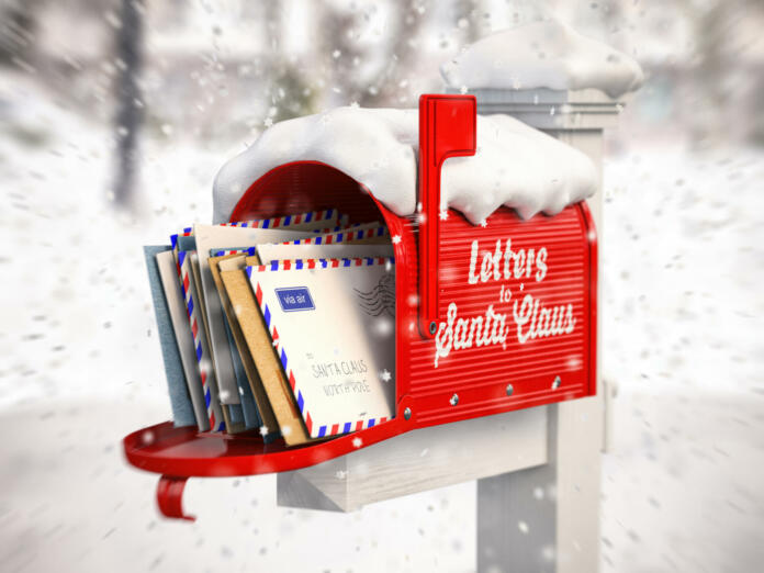 Santa Claus mailbox full of children letters. Christmas and new year winter concept background. 3d illustration