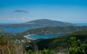 Scenic view on the landscape and blue waters near Campo nell'Elba on the Italian island of Elba