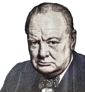 Sir Winston Churchill portrait from British five pounds sterling banknote close up