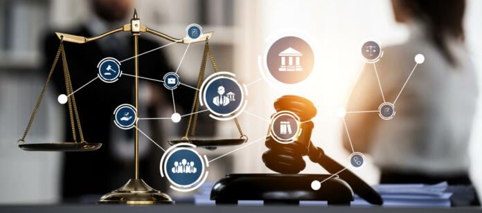 Smart law, legal advice icons and lawyer working tools in the lawyers office showing concept of digital law and online technology of astute law and regulations .