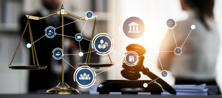 Smart law, legal advice icons and lawyer working tools in the lawyers office showing concept of digital law and online technology of astute law and regulations .