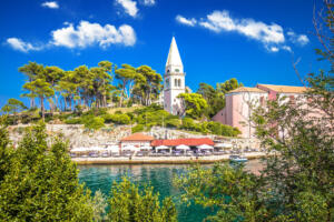 Town of Veli Losinj scenic church and harbour view, Island of Losinj, archipelago of Croatia