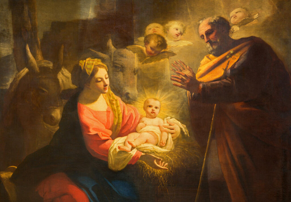 Turin - The detail of painting of Nativity in Duomo by Giovanni Comandu da Mondovi (1795).