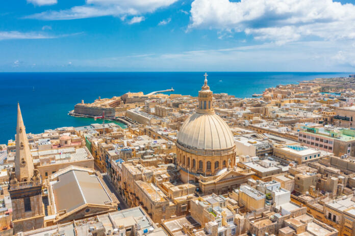 Aerial view of Lady of Mount Carmel church, St.Paul's Cathedral in Valletta city, Malta