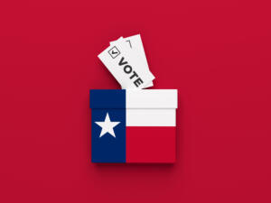 American election concept. Texas election vote box on red color background. Horizontal composition. Isolated with clipping path.