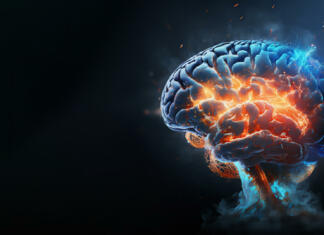 Ali se obeta boljša diagnostika za Alzheimerjevo bolezen? Brain on fire, exploding brain, degenerative cognitive disease concept like Parkinson's, Alzheimer's, dementia, MS (multiple sclerosis), brain power treatment 3d rendering