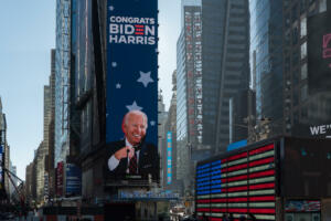 Manhattan, New York. November 09, 2020. Times Square tribute to president elect Joe Biden.