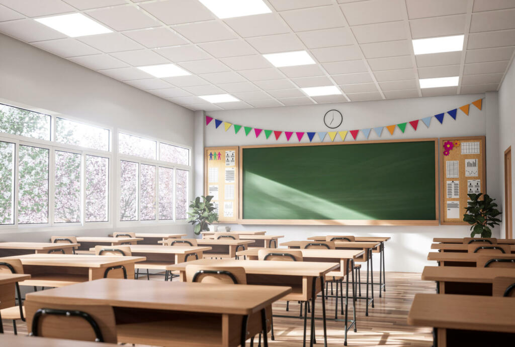 Modern style classroom in the morning 3d render,The rooms have white walls and wooden floor, decorated with wooden tables and chairs, large windows overlooking natural views.