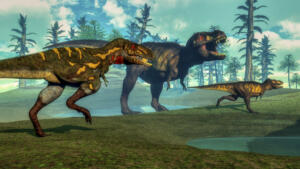 Nanotyrannus hunting small tyrannosaurus next to its parent, araucaria and tempskya trees - 3D render