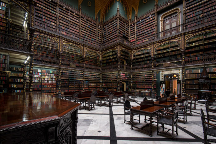Rio de Janeiro, Brazil - February 19, 2019: Reading room of the Royal Portuguese Cabinet of Reading. It has the largest and most valuable literary of Portuguese outside Portugal.